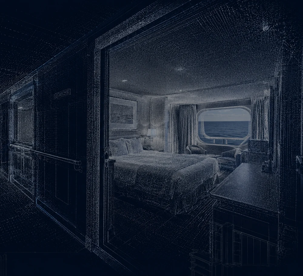 Three-dimensional scan and technical drawing of a cruise-ship cabin